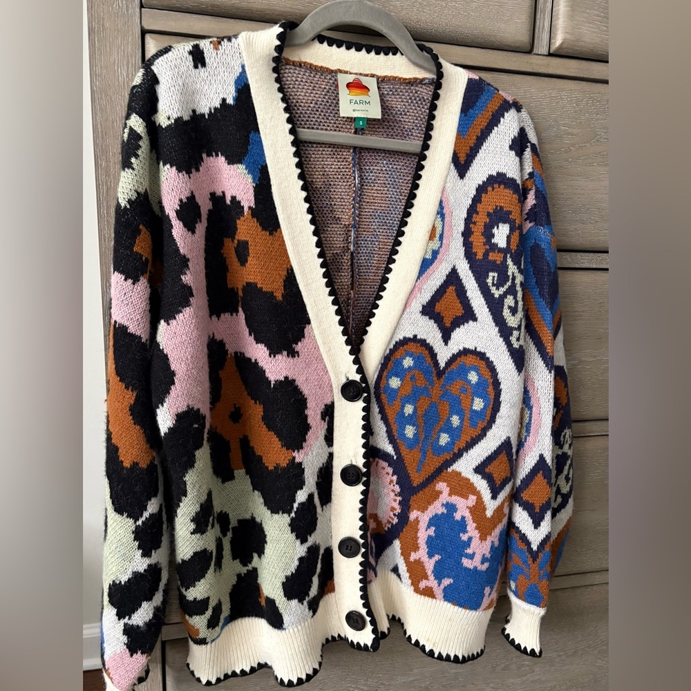 FARM Rio Mixed Ikat Hearts Cardigan Size Small